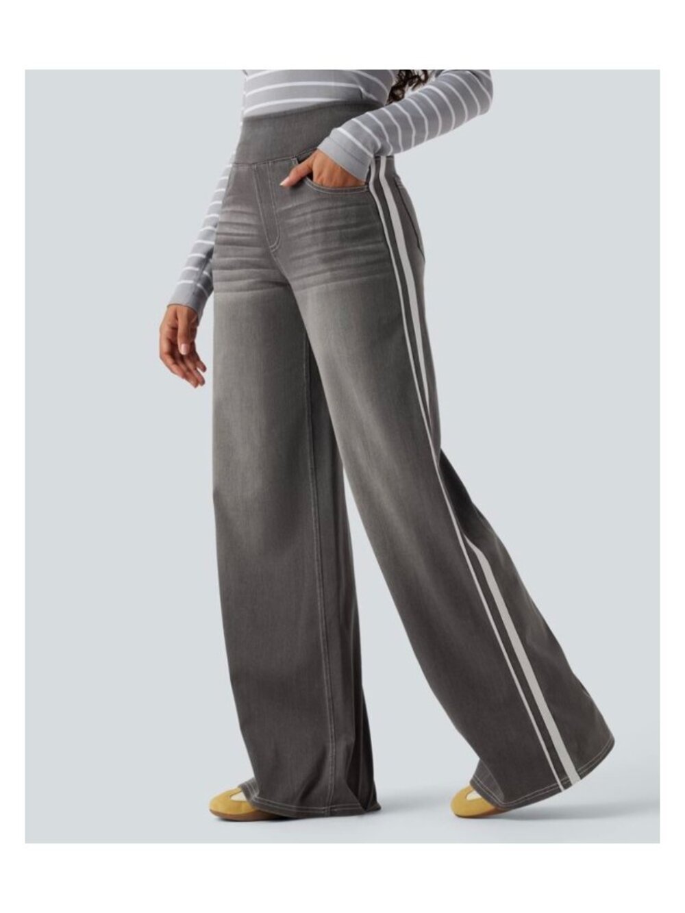 Halara XL  Wide-Leg Gray Pants With Side Stripe - Womens Casual Stretch Denim Si